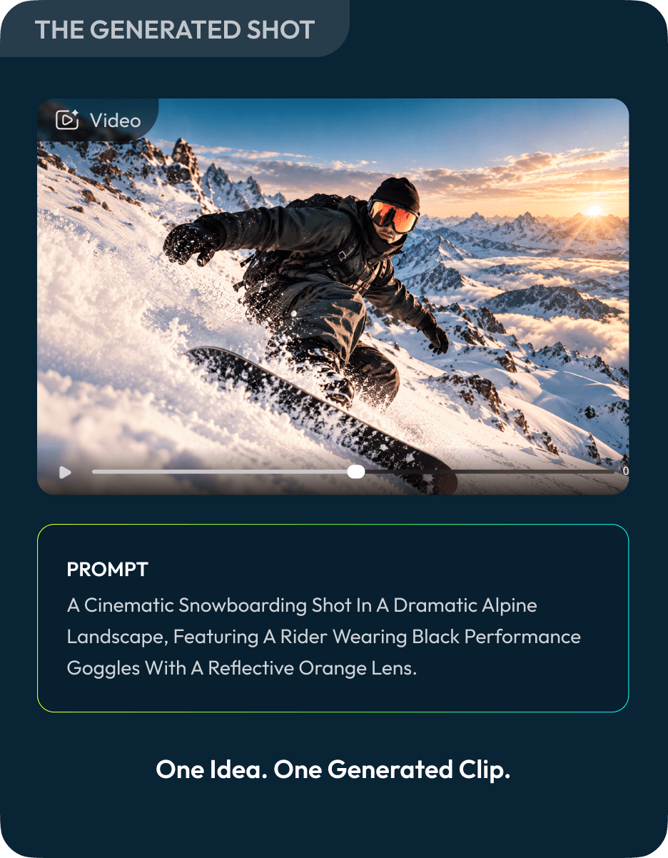 The generated shot: a cinematic snowboarding clip and its prompt