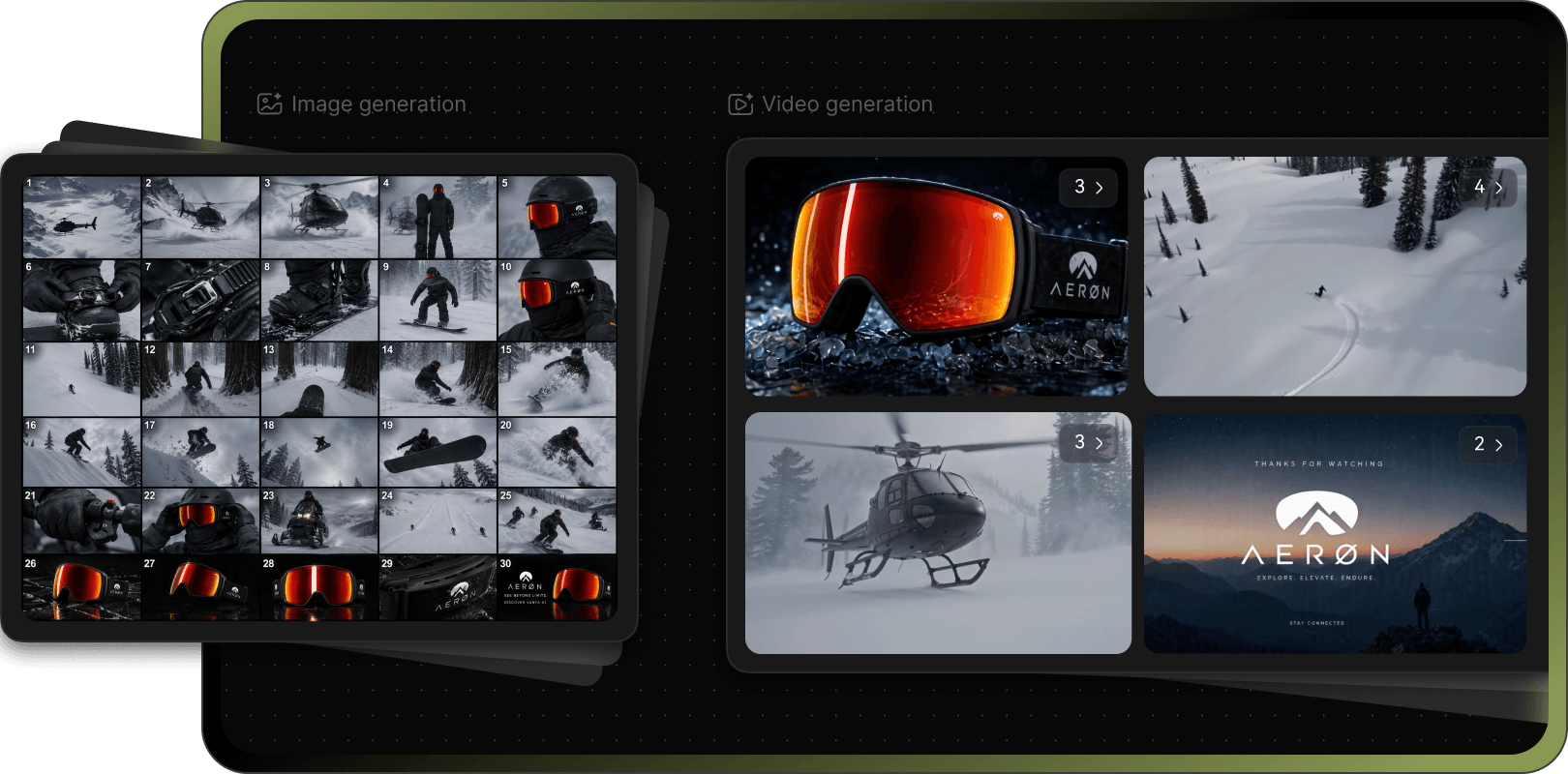 Image and video generation canvas comparing generated shots
