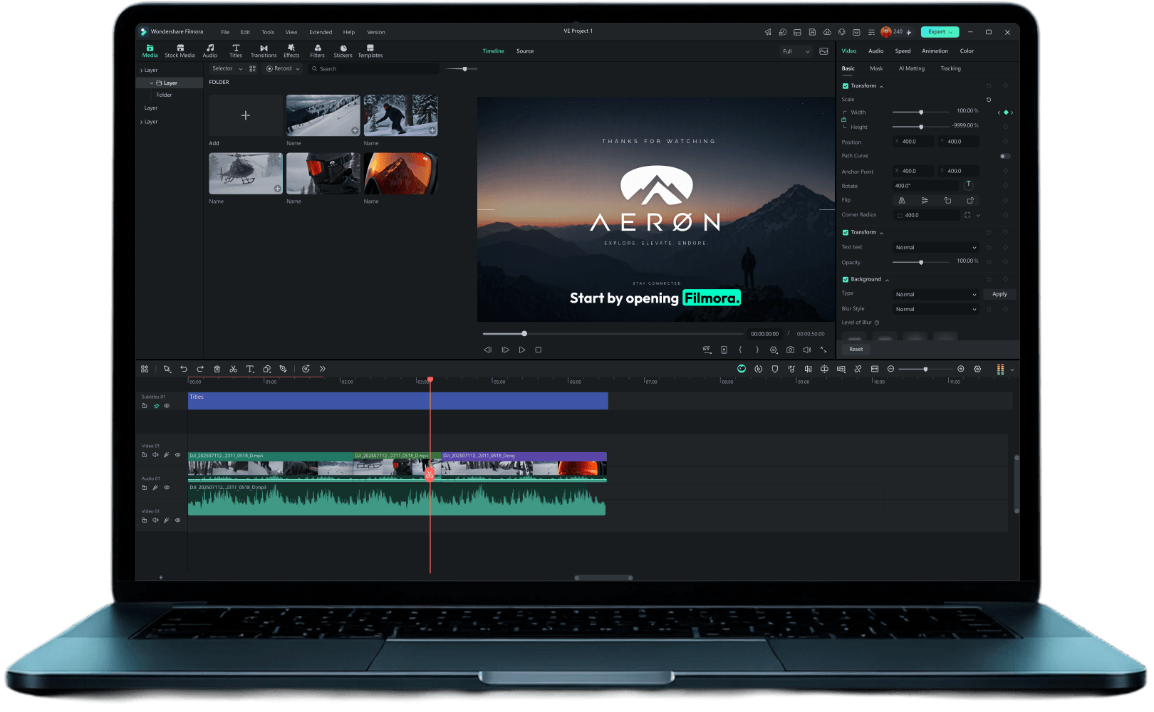Filmora 16 editing interface with the Aeron ad on the timeline